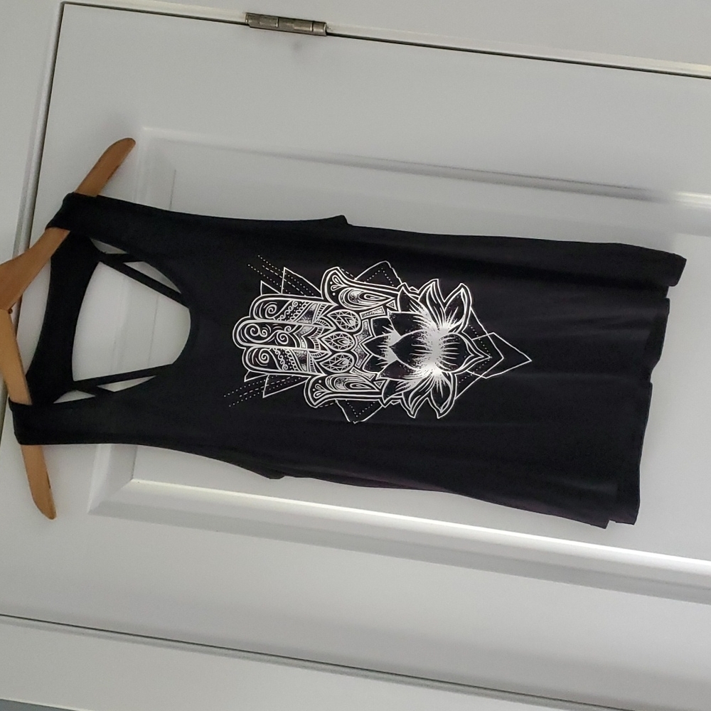 Miken Flow black flowy tank top with Hamsa graphic!